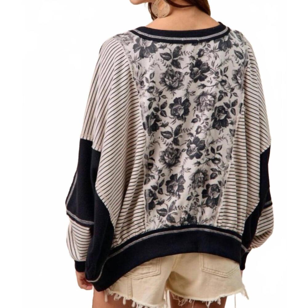 NEW BIBI rose twill and stripe mix and match top in grey/black - Picture 3 of 4